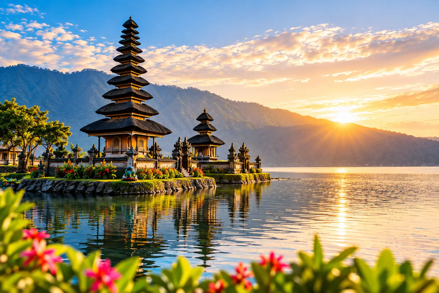 Sunrise over a Balinese temple on a lake